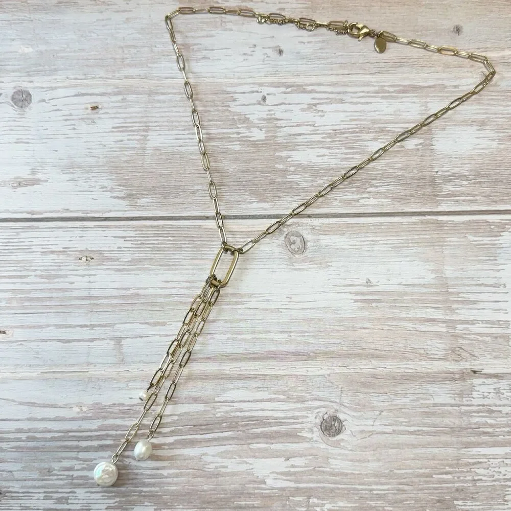 Express Gold Plated Paper clip Chain Triple Y Drop Necklace Genuine Pearl Dangle